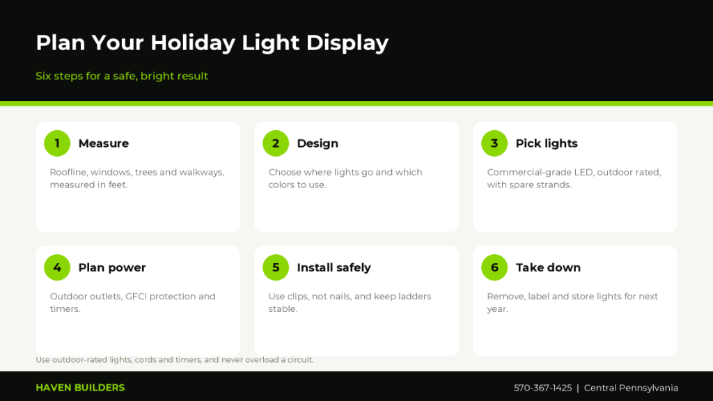 Six steps for planning a holiday light display: measure, design, pick lights, plan power, install safely and take down