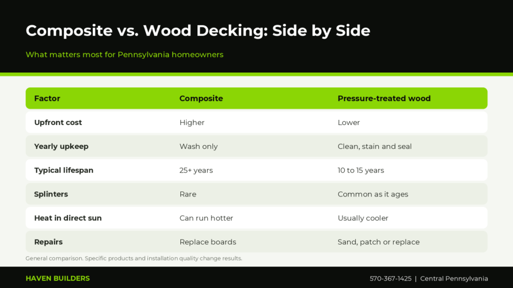 Side by side comparison table of composite decking and pressure-treated wood decking for cost, upkeep, lifespan and slip resistance