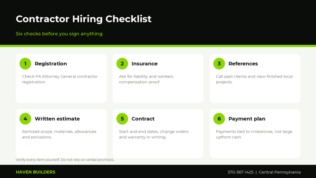 Six-point checklist for hiring a remodeling contractor: registration, insurance, references, written estimate, contract and payment schedule