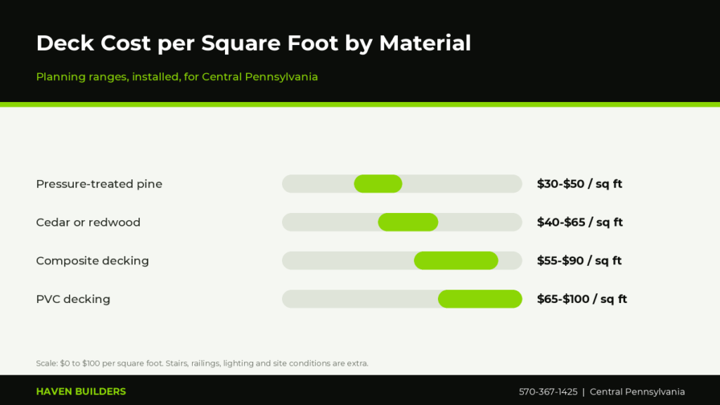 Bar chart comparing installed deck cost per square foot for pressure-treated wood, cedar, composite and PVC decking