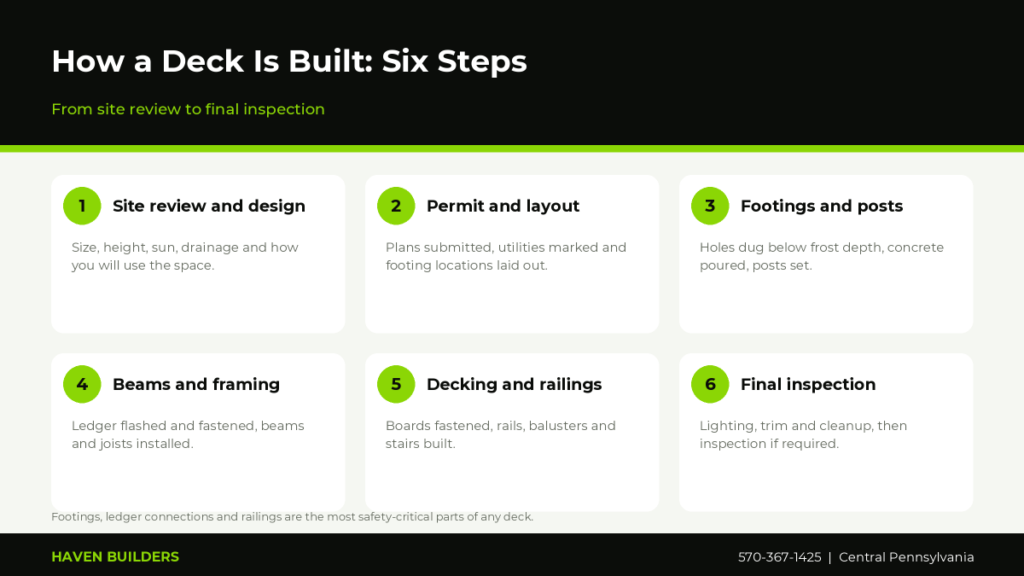 Six-step deck building process from site review and permits to footings, framing, decking and final inspection