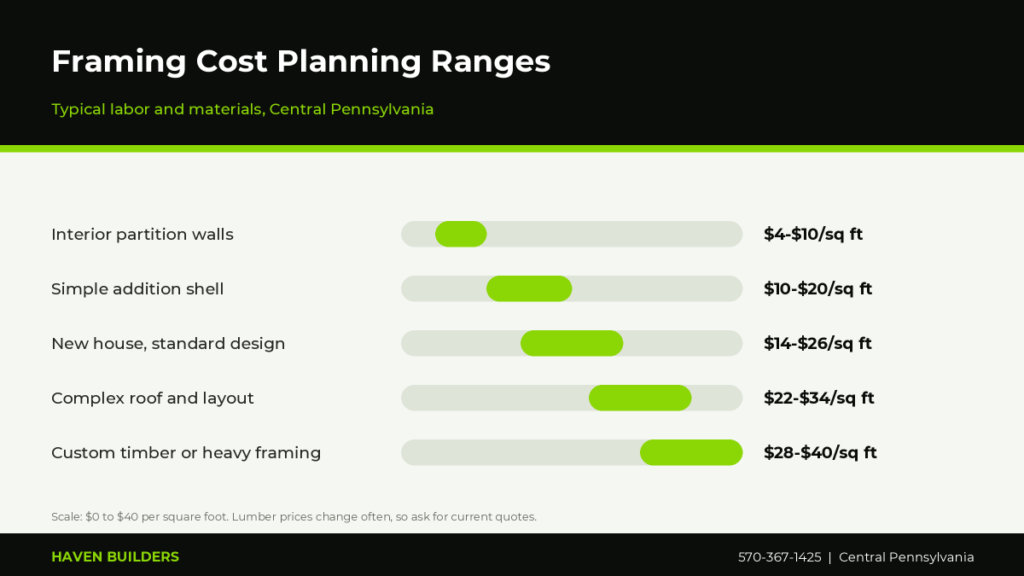 Bar chart of house framing cost planning ranges per square foot for simple wall framing, addition framing and complex roof framing