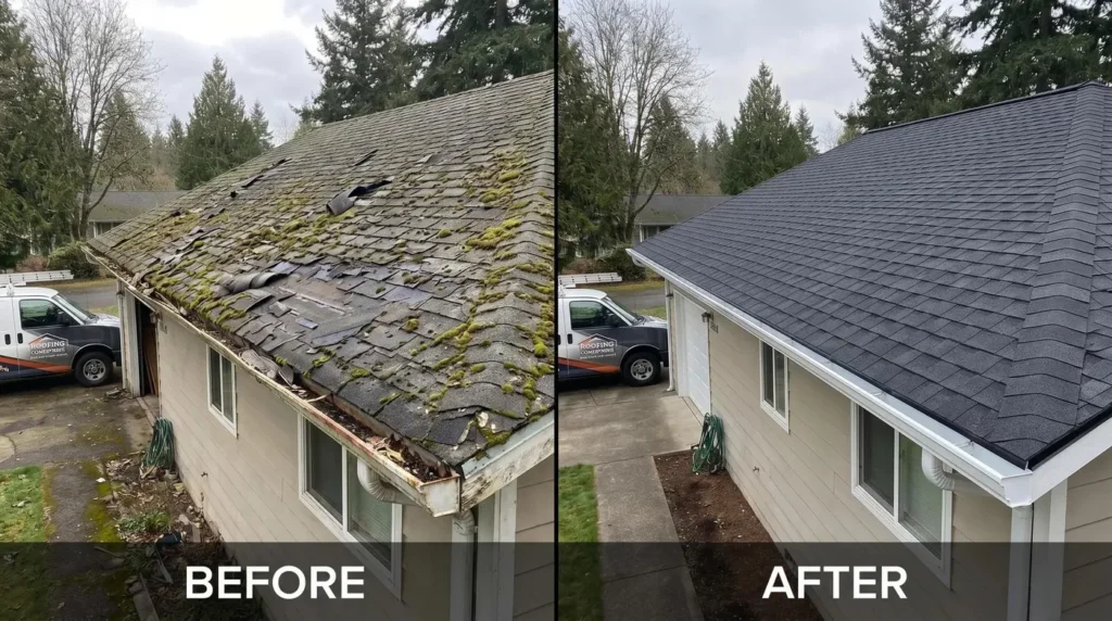 Roof before and after replacement showing worn shingles replaced with a new roof