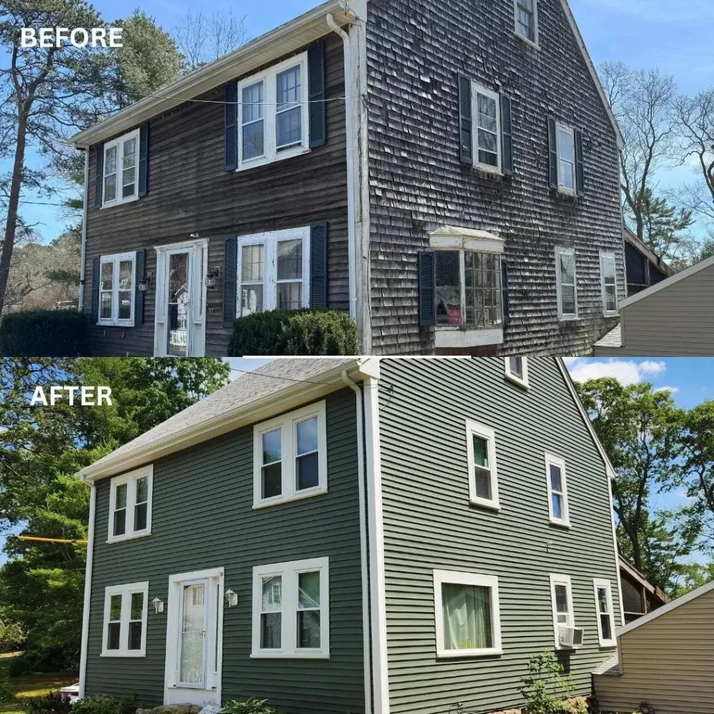 Home exterior before and after siding replacement with worn siding replaced by new siding
