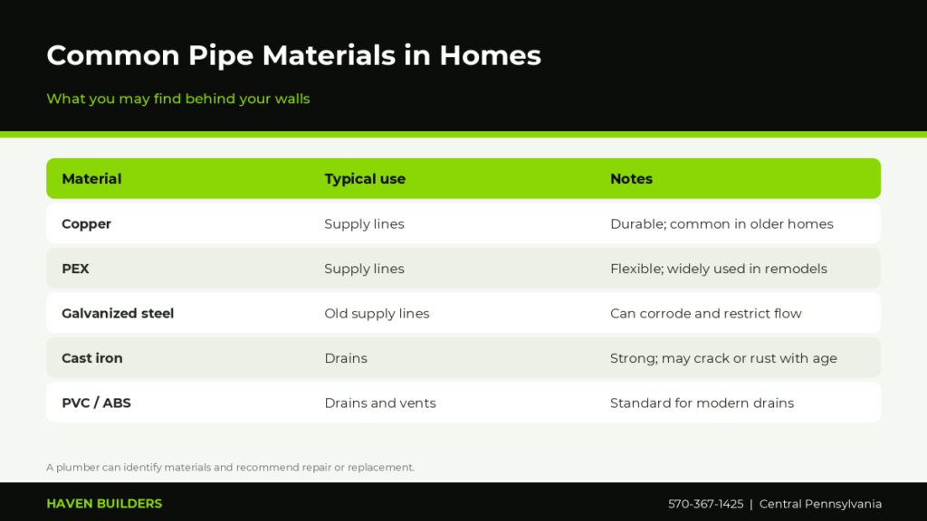 Table of common home pipe materials copper, PEX, galvanized steel, cast iron and PVC with typical use and notes