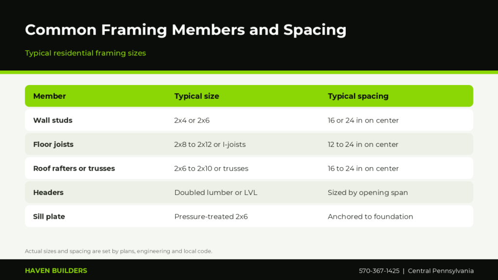 Table of common house framing members including studs, joists, rafters, headers and sill plates with typical sizes and spacing