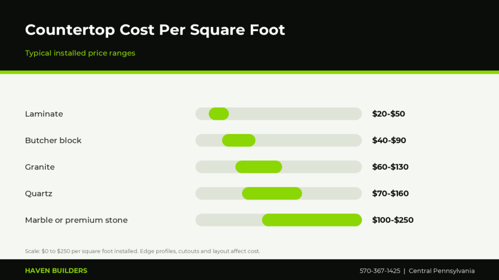 Bar chart of installed countertop cost per square foot for laminate, butcher block, quartz, granite and marble