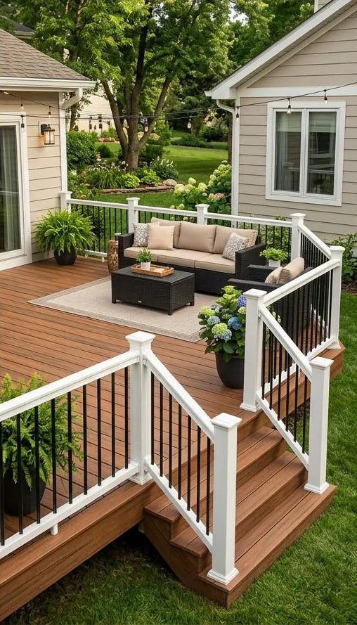 New composite deck with white railing and outdoor seating area