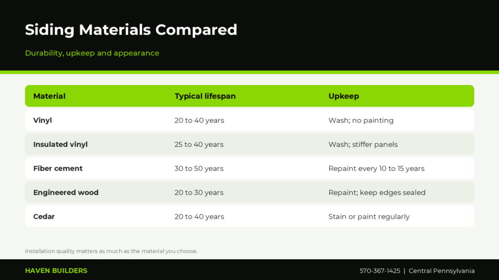 Table comparing vinyl, fiber cement, engineered wood and cedar siding by lifespan, maintenance and cold weather performance