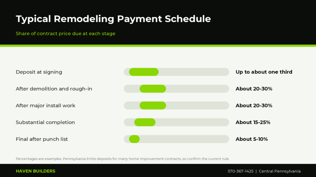 Bar chart showing a sample remodeling payment schedule with deposit, mid-project payments and final payment as percentages of the contract